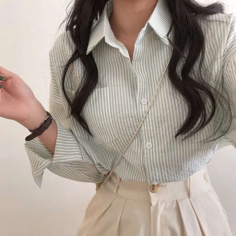 Casual Elegant High-rise Wide Striped Long Fleece Shirt Women's Top - Norellé