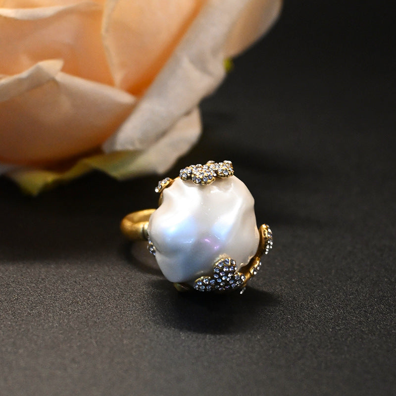 Vintage Brass Inlaid Baroque Pearl Bud Ear Stud And Ring - Norellé