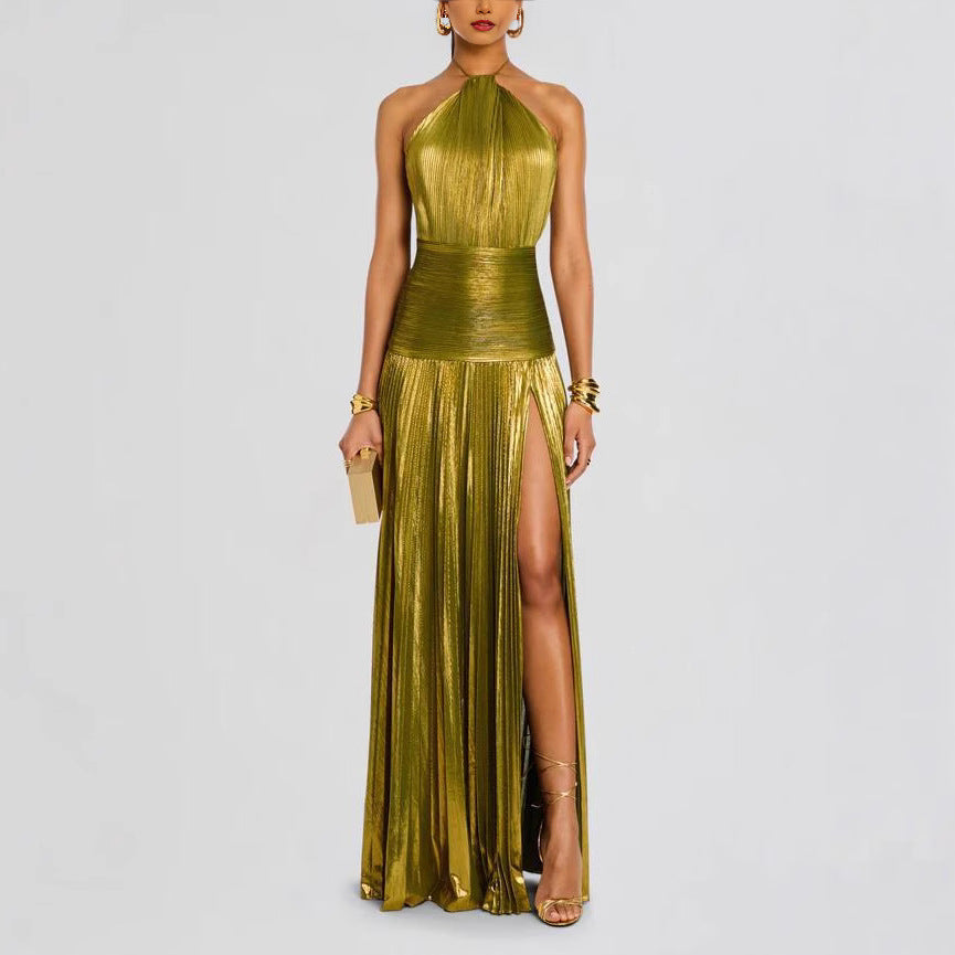 Women's Pleated Split Lace-up Halter Dress - Norellé