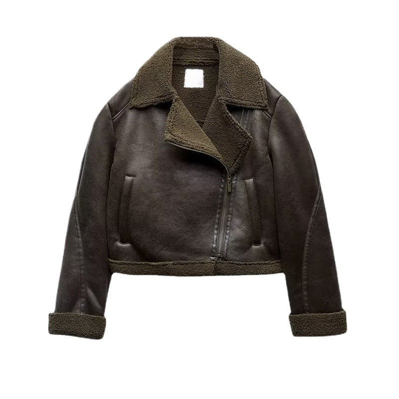 Lapel Patchwork Fleece Motorcycle Short Jacket Coat - Norellé