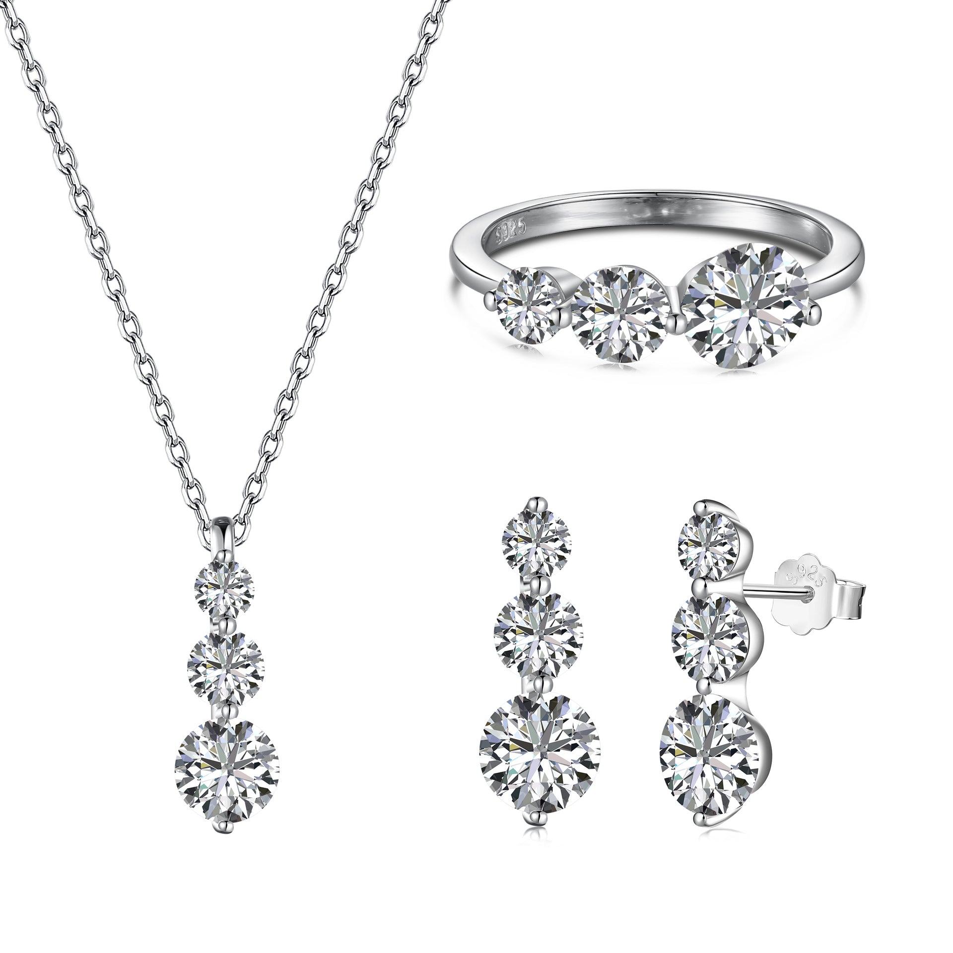 S925 Sterling Silver Round Zircon Ring Necklace And Earring Suit - Norellé