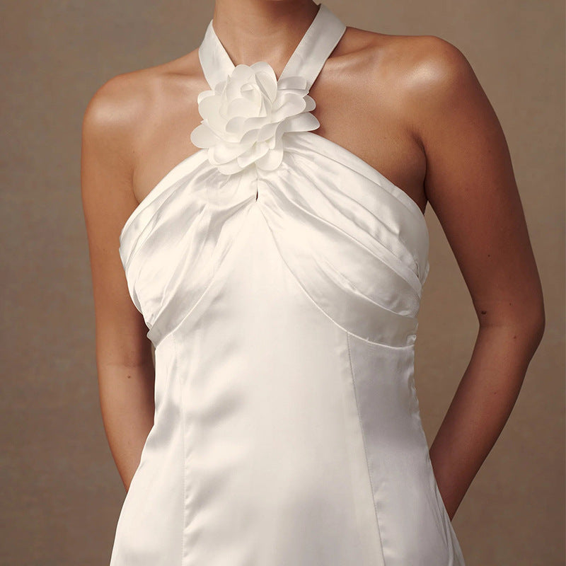 Backless  Flowers Satin High-grade Halter Dress - Norellé