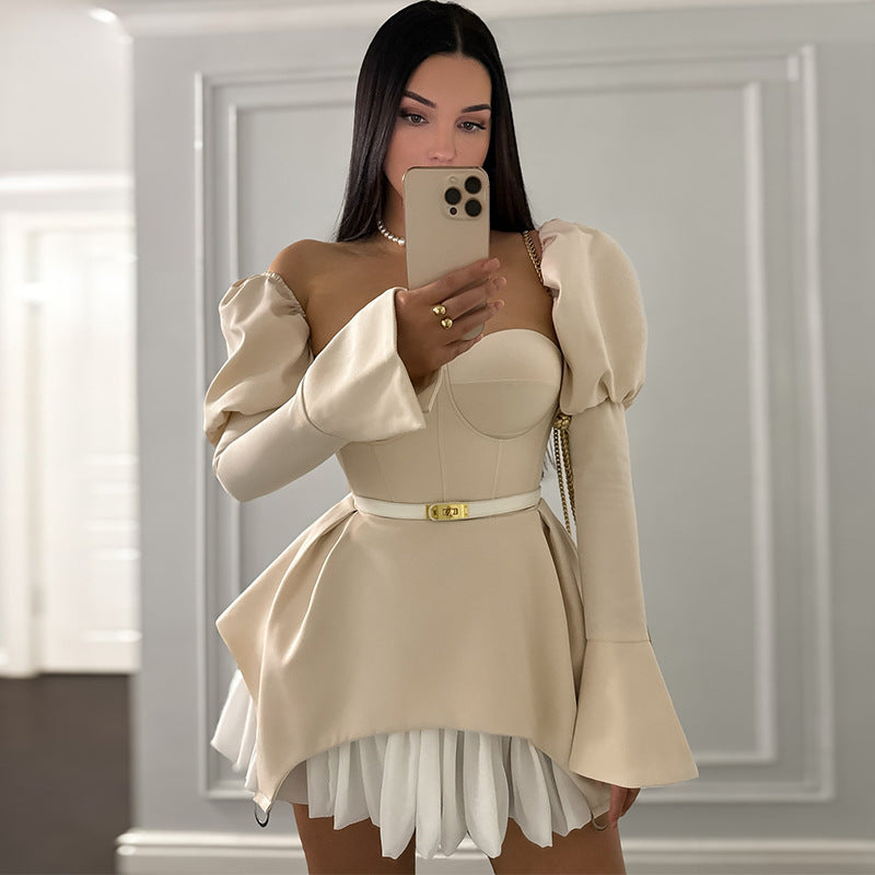 Wrapped Chest Stitching Irregular Puff Sleeve Dress Skirt - Norellé