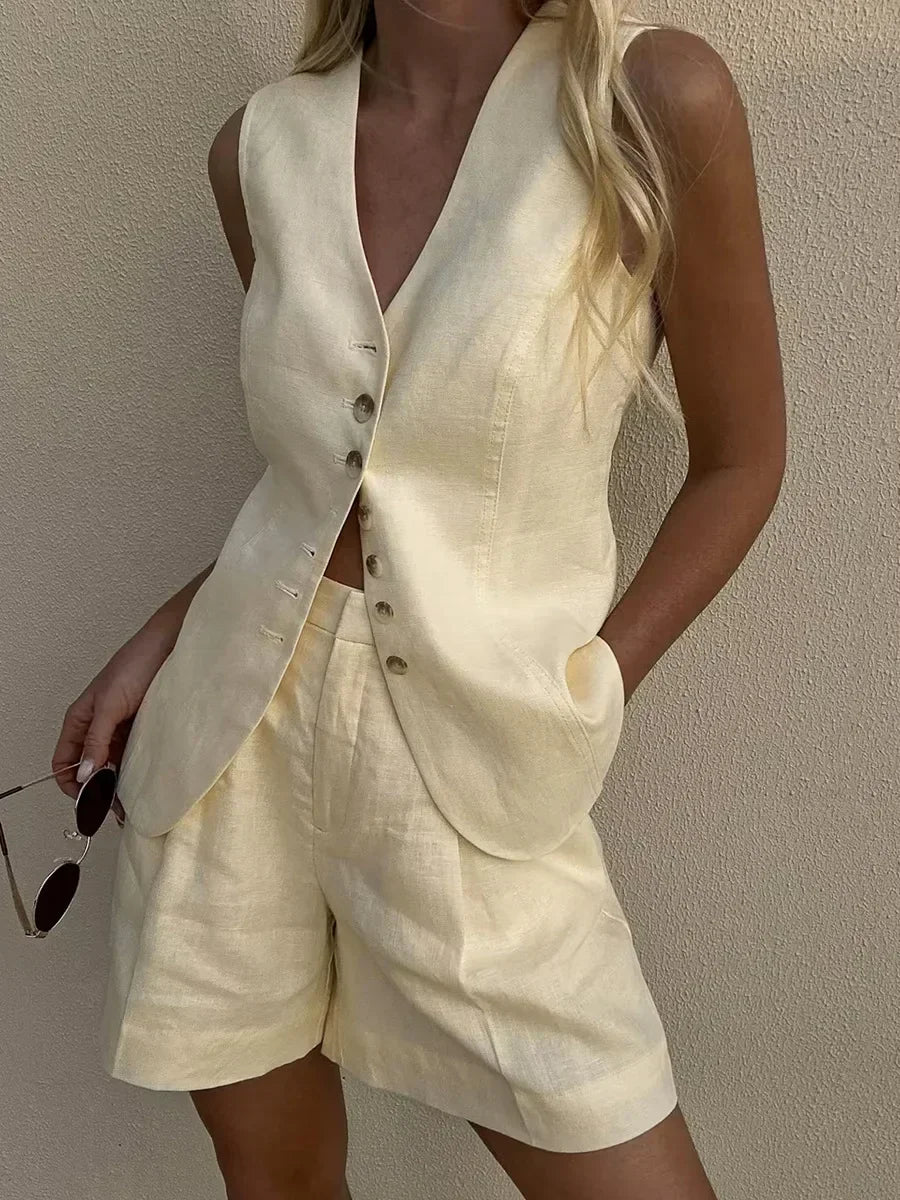 Cotton And linen Chic Casual Vest Shorts Set Women's Summer - Norellé