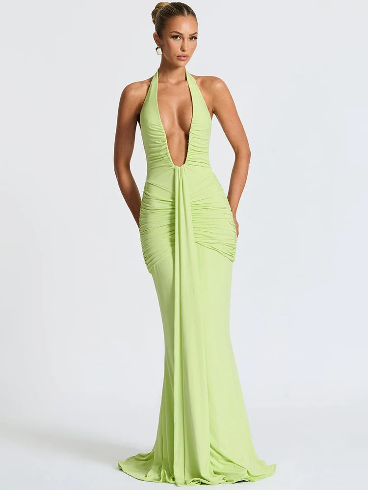 Deep V Neck Backless Ruched  Maxi Dress Women - Norellé