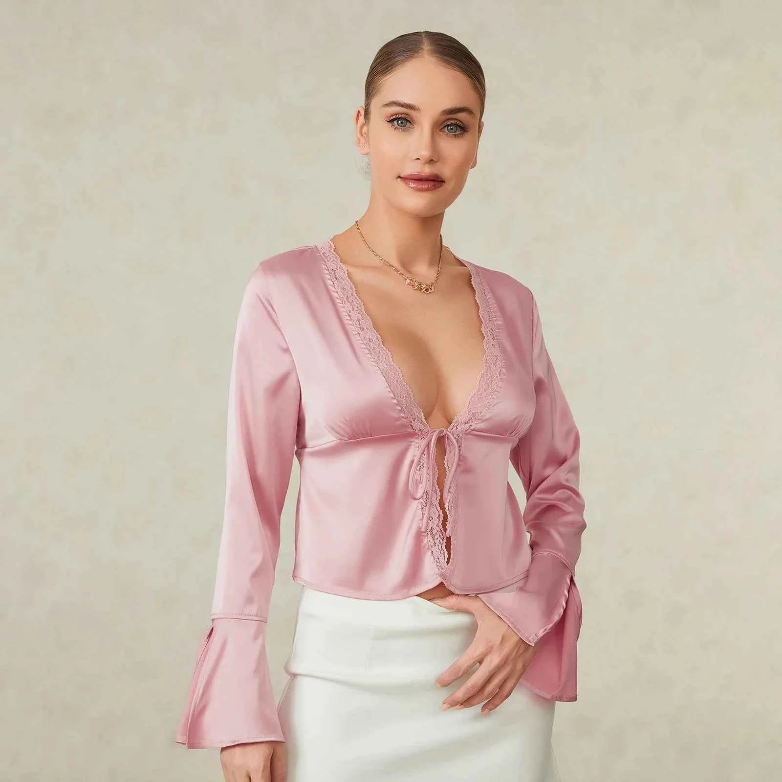 Women Basic Long Sleeve Lace Trim Deep V Neck Shirt