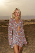 Chiffon Retro Prints 1Pc Bikini Set Long Sleeve Backless Hollow Out Women Transparent Bodycon Skirts - Norellé