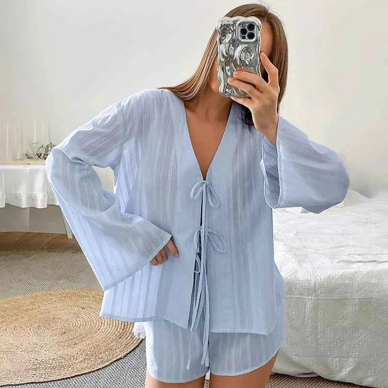 Lace Up Cardigan Shorts Two Pieces Set