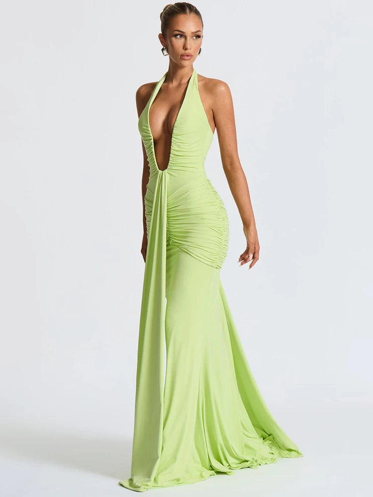 Deep V Neck Backless Ruched  Maxi Dress Women - Norellé