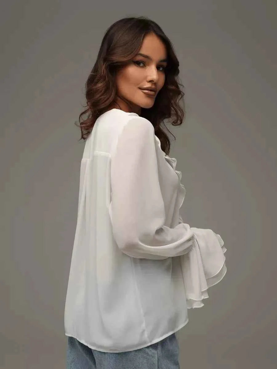 Elegant White Chiffon Ruffle Shirt Women