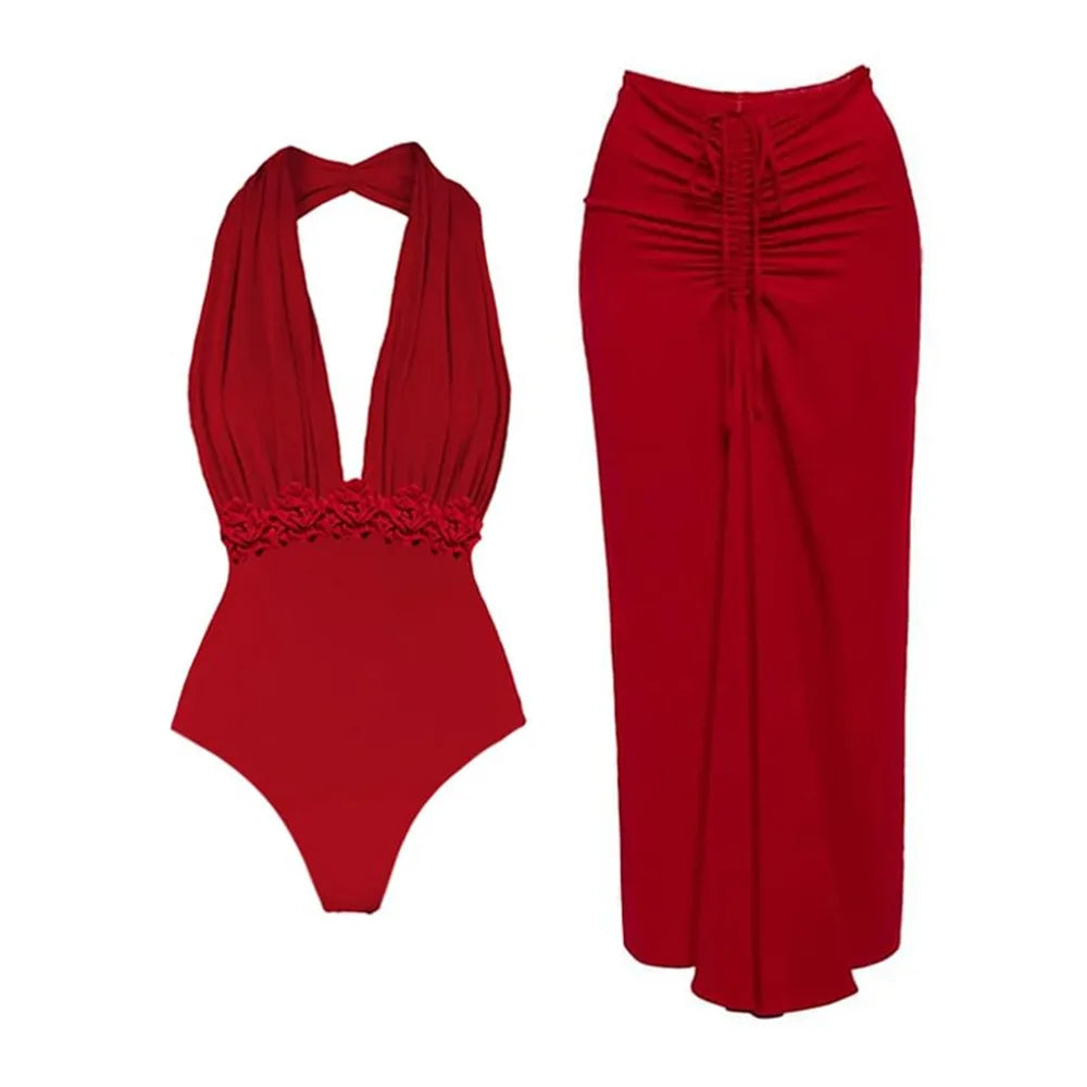 3D Flower Red Bikini Set, One Piece Swimsuit - Norellé