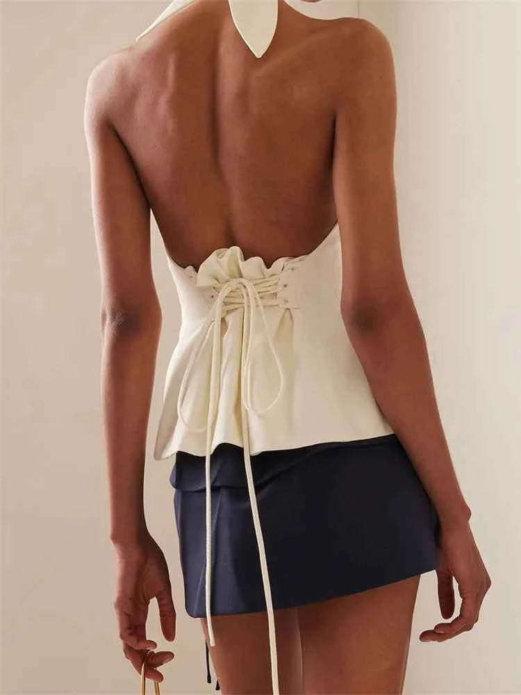 Women Tank Tops Sleeveless Backless Tie-up Halter Off Shoulder