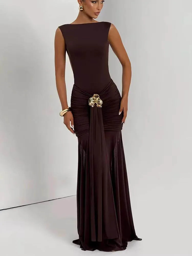 Metal Flower Backless Ruched  Maxi Dress Women - Norellé