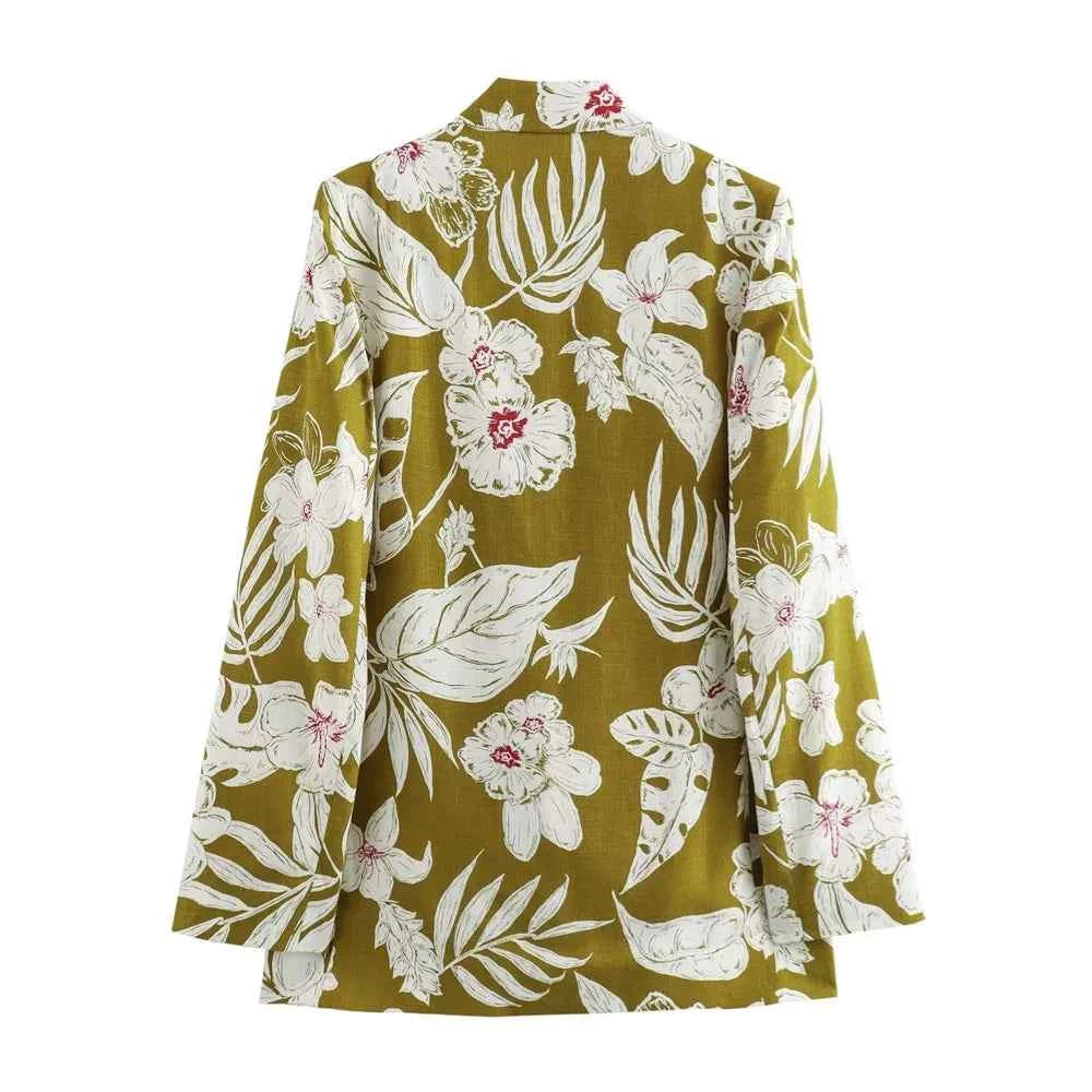 Women's Fashion Commuting Temperament Linen Printed Suit Coat Printed Pants Set