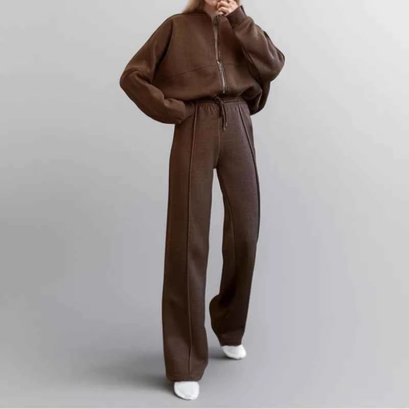 Women's Fleece-Lined Hoodie Coat High Waist Casual Pants Set
