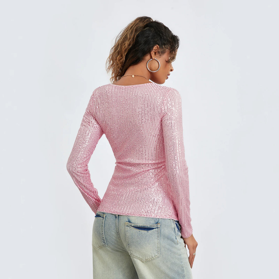Women Long Sleeve Cropped Top Sequin Basic T-shirt