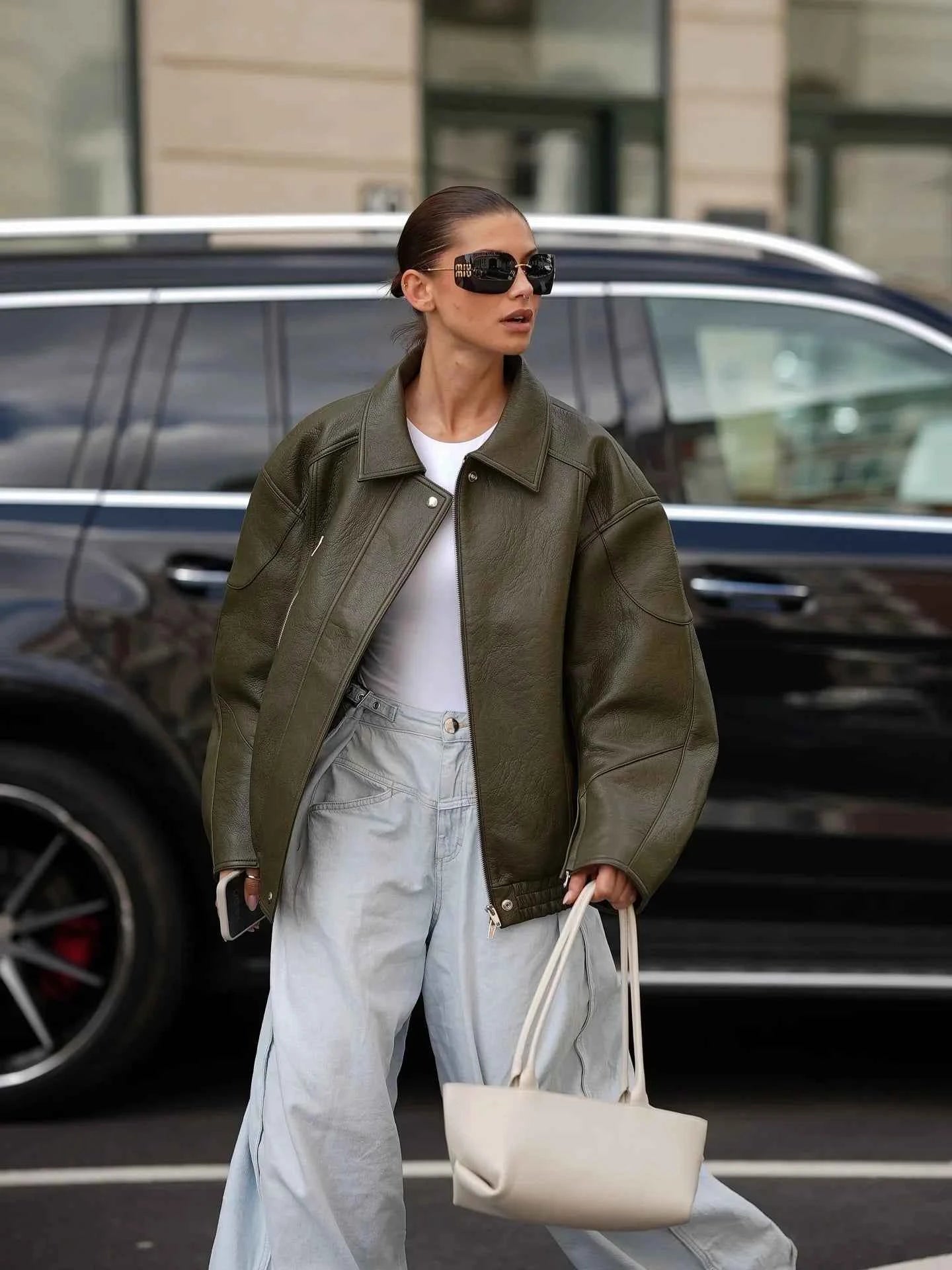 Fashion Green Leather Jacket Women