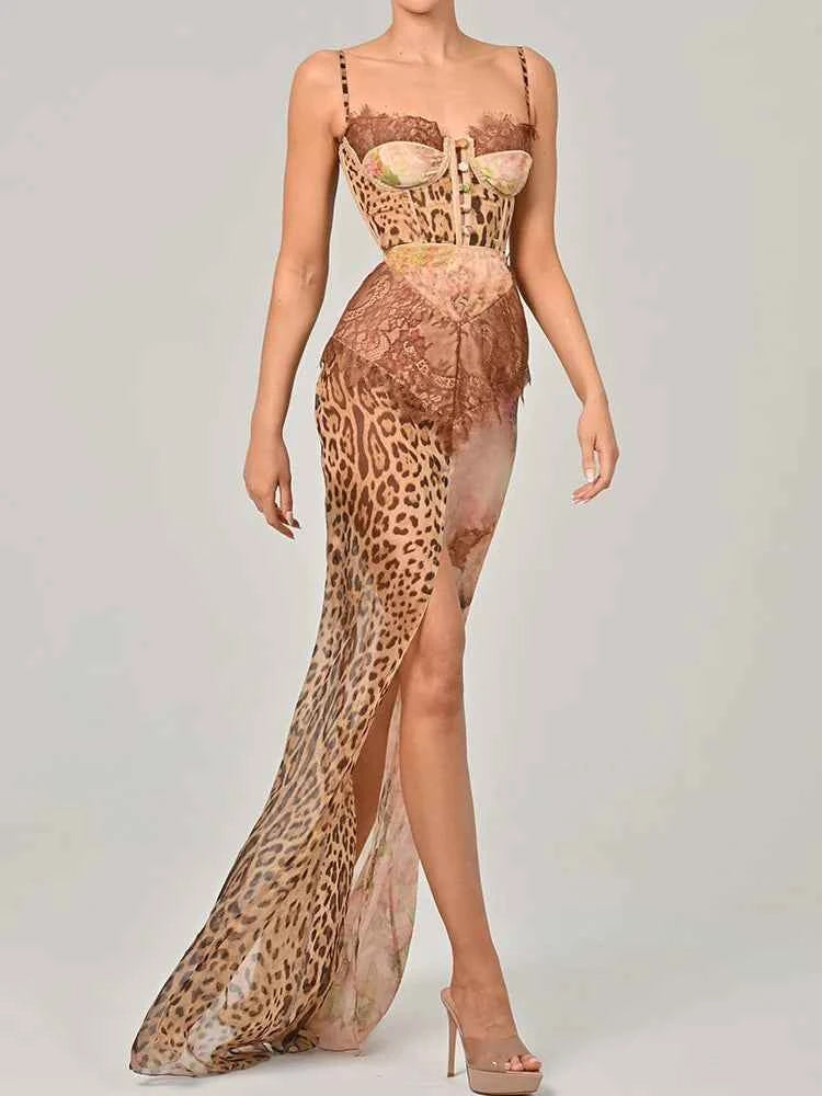 Chiffon Print Leopard High Slit Baroque Women Dress