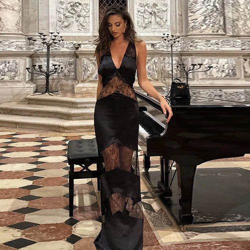 Lace See Through Sling Maxi Dress Women Slim Black Backless - Norellé