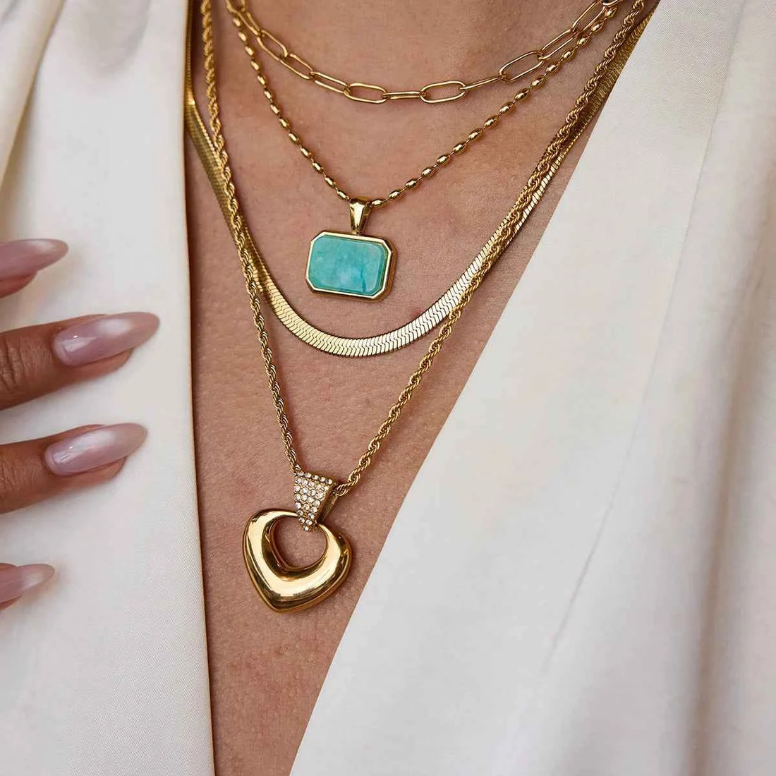 Stainless Steel Rhinestone Heart Hollow Pendant Necklace