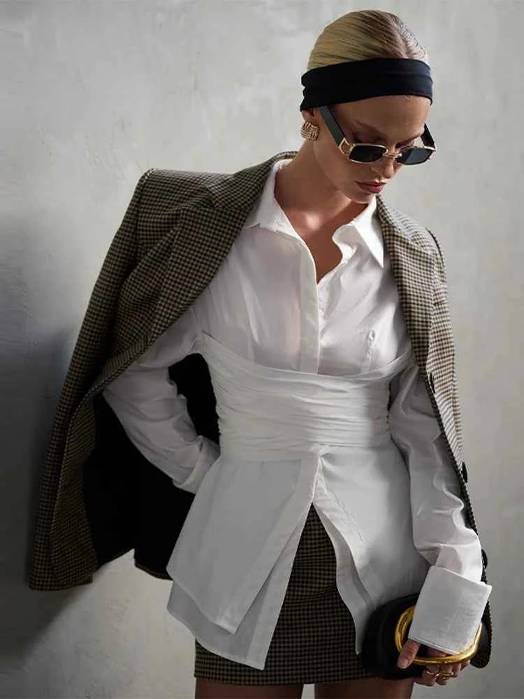 Women's Shirts Solid Laple Waist Cinching Full Sleeve