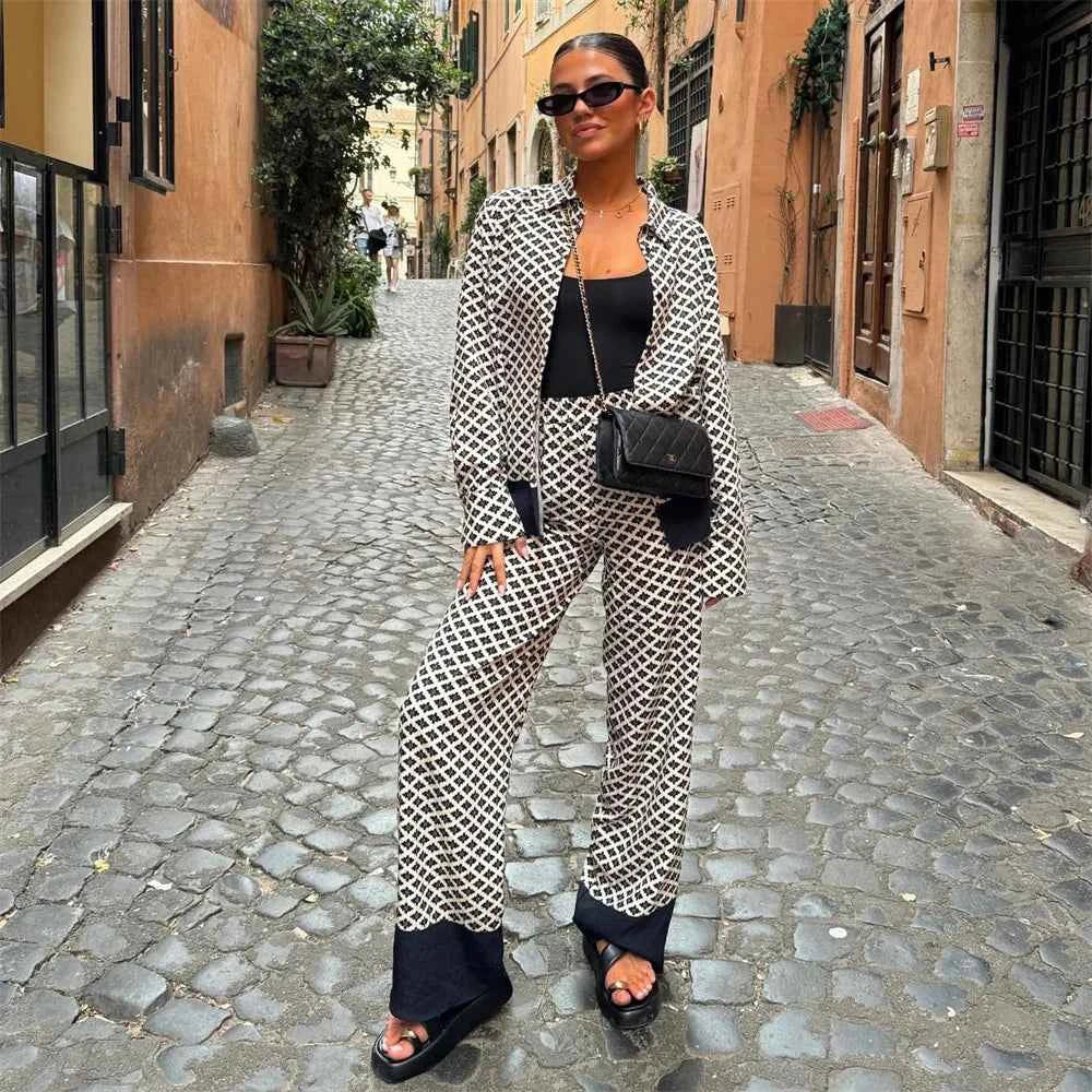 Women's Casual Lapel Long Sleeved Flower Printed Shirt and Pants Set