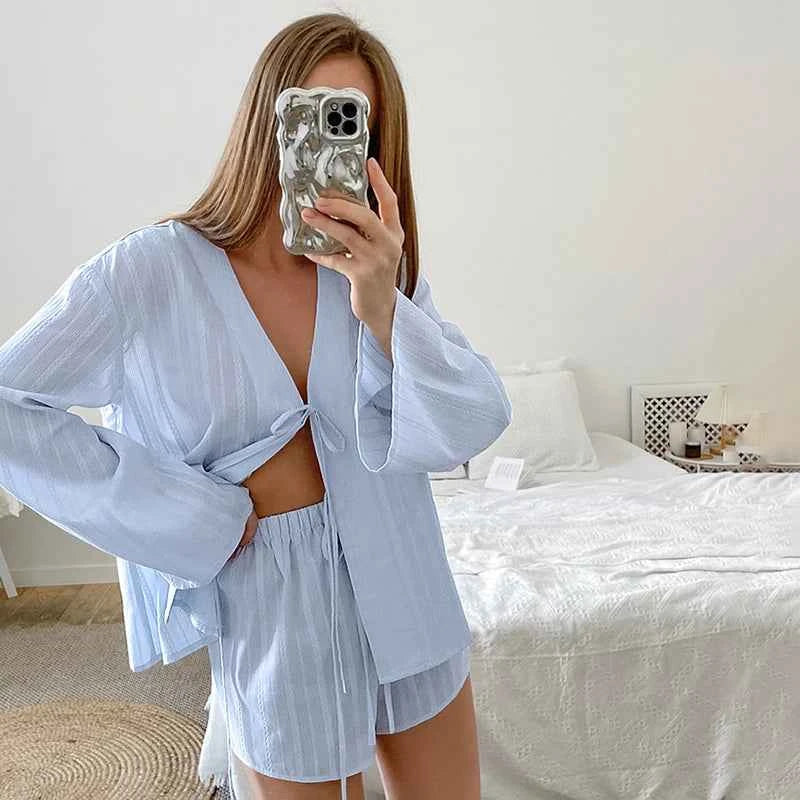 Lace Up Cardigan Shorts Two Pieces Set