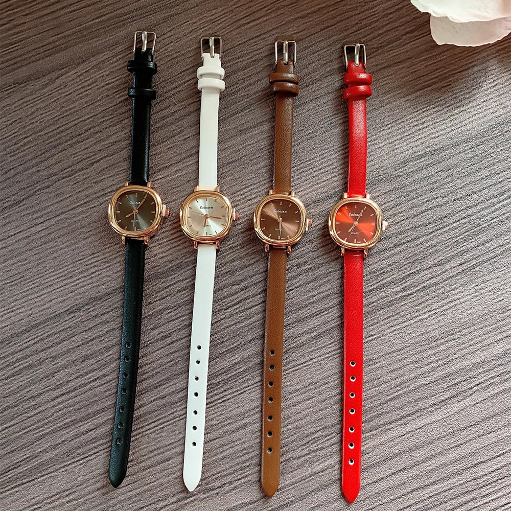 Square Exquisite Girls' Watch Brown Strap Simple and Versatile
