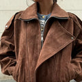 Brown Faux Suede Cropped Casual Coat Vintage Lapel Solid Zipper - Norellé