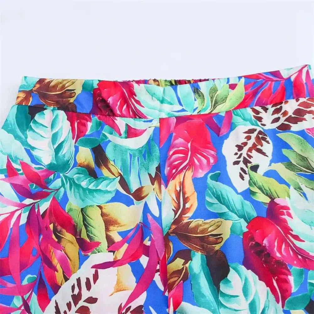 Women's Long Sleeve Tropical Printed Suit Wide Leg Pants Set
