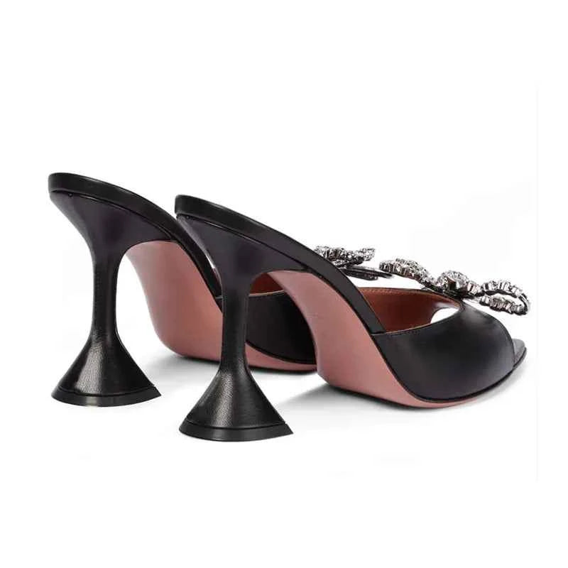 Black PU Leather Crystal Bowknot Women Slippers Sandals