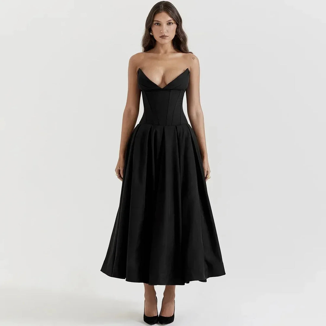 Black Elegant Strapless Corset Dress Midi - Norellé