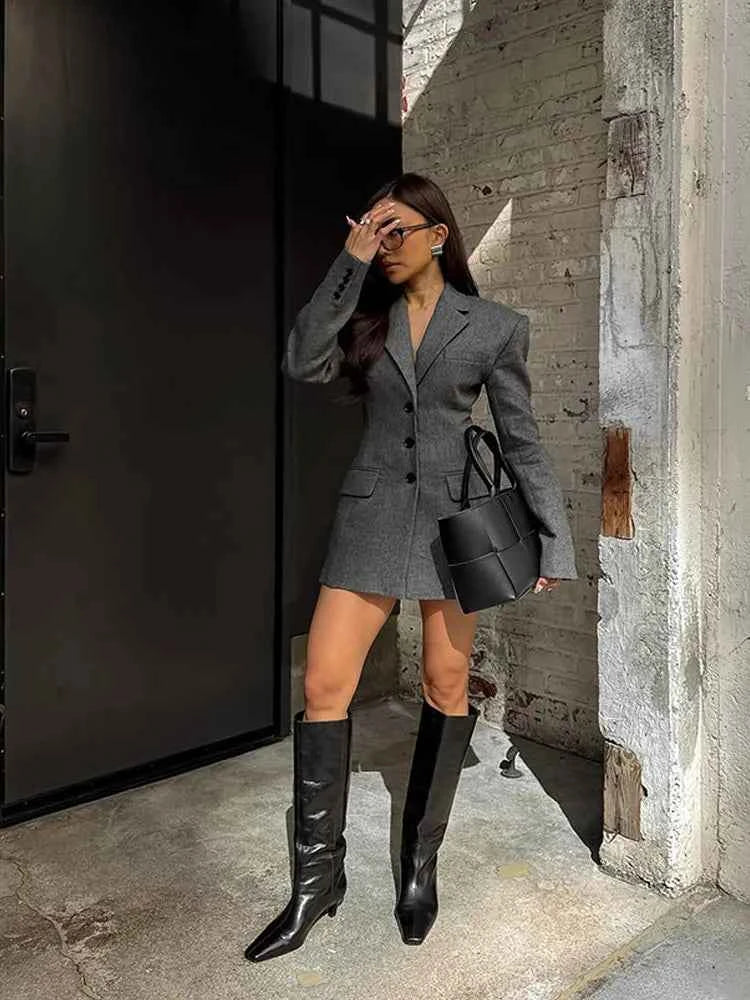 Women Gray Lapel V Neck Blazer