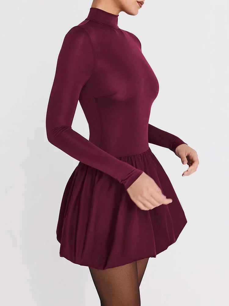 Turtleneck Long Sleeve Women Mini Dress Burgundy High Waist A-line