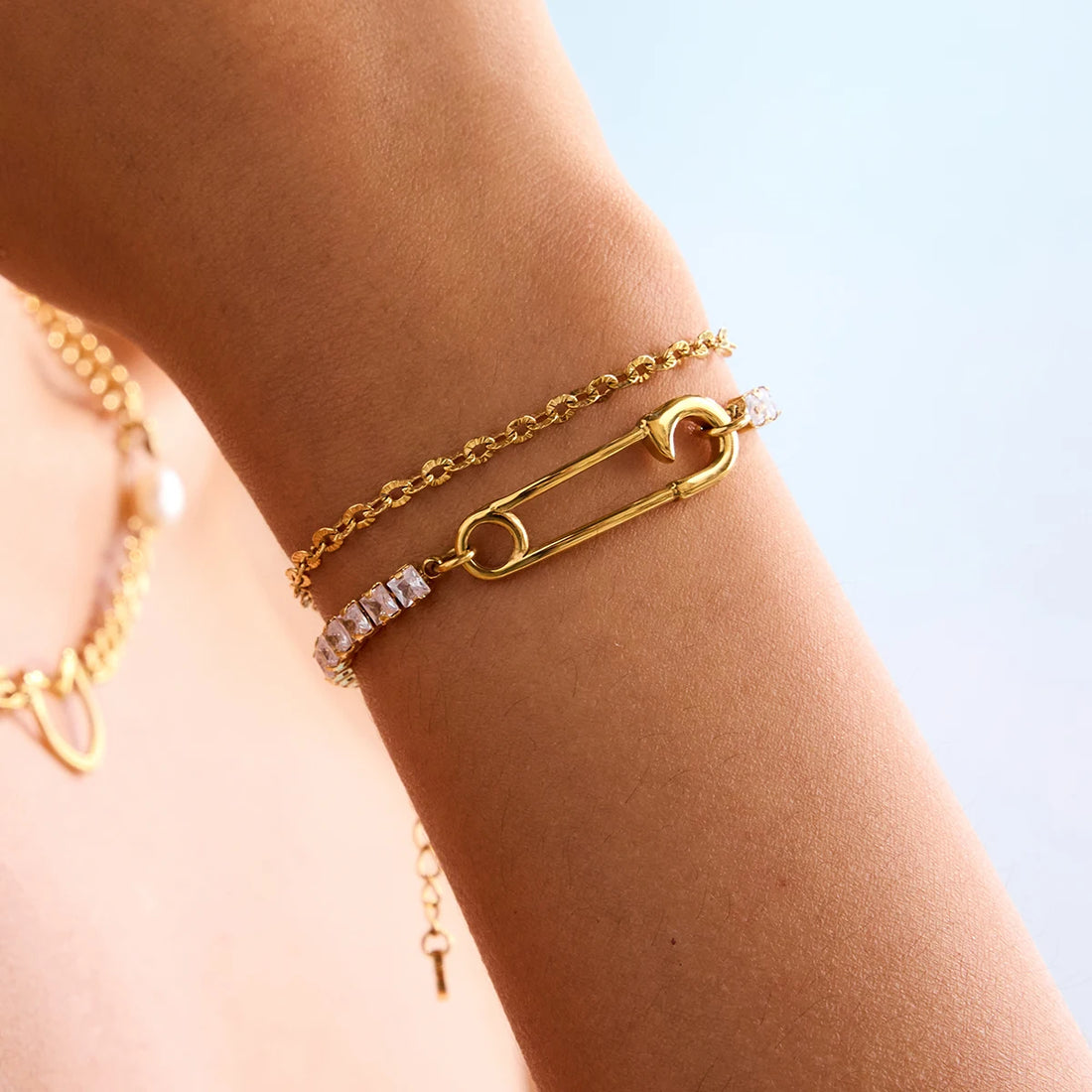 Classic Square White Zircon Bracelet Paper Clip Double layer Bracelet Stainless Steel