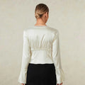 Women Basic Long Sleeve Lace Trim Deep V Neck Shirt
