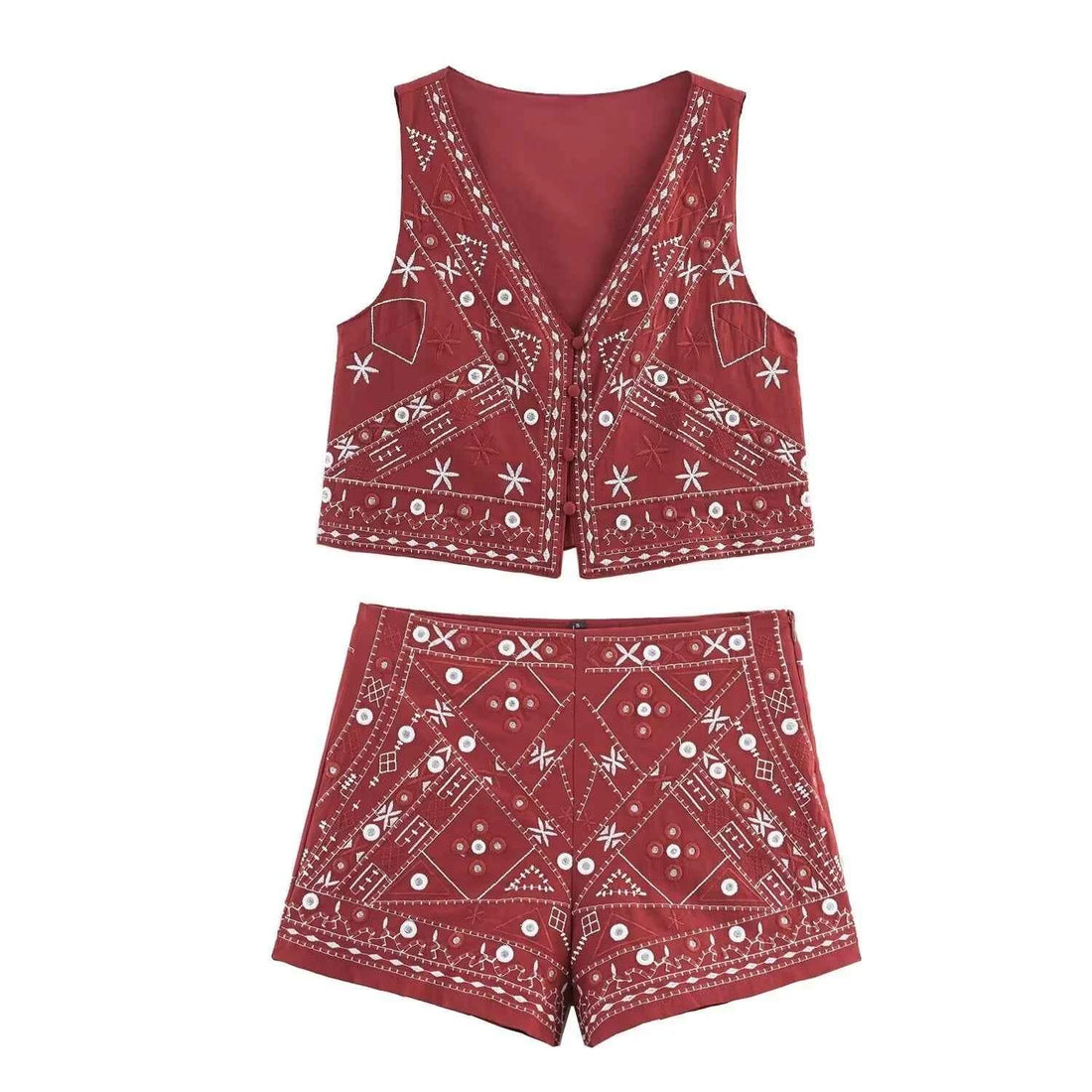 Women's Casual Embroidered Sleeveless V-neck Short Vest Top + High Waist Shorts