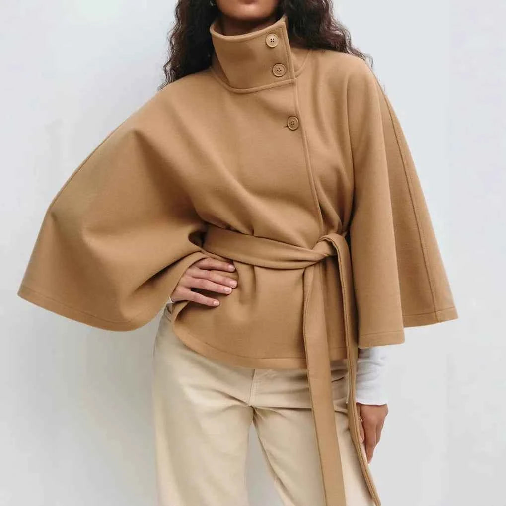 Women's Lace Up Woolen Cape Coat