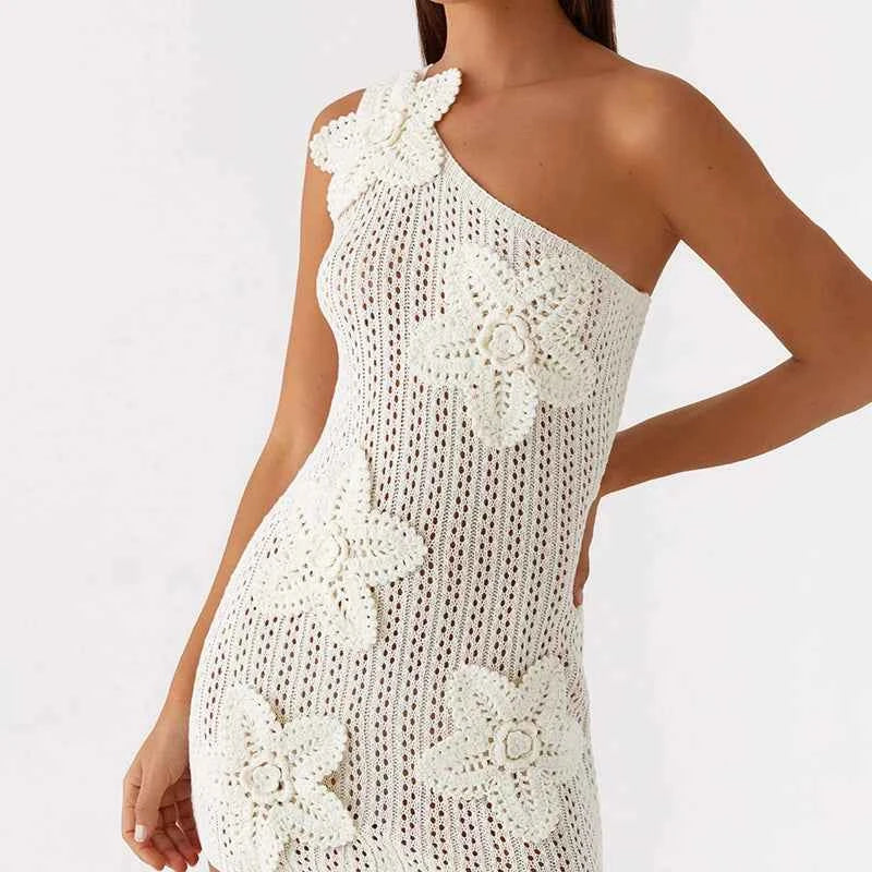 Knitted Asymmetric Dress Hollow Slant Neck Slim Mini Dress