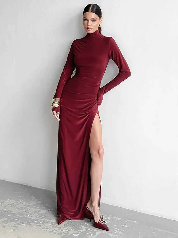 Turtleneck High Slit Maxi Dress For Women