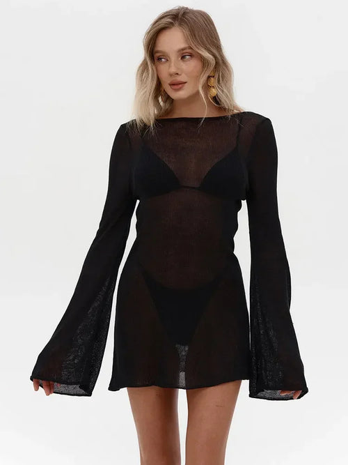 Summer Solid Knit Mini Dress Sexy Backless Bell - Norellé