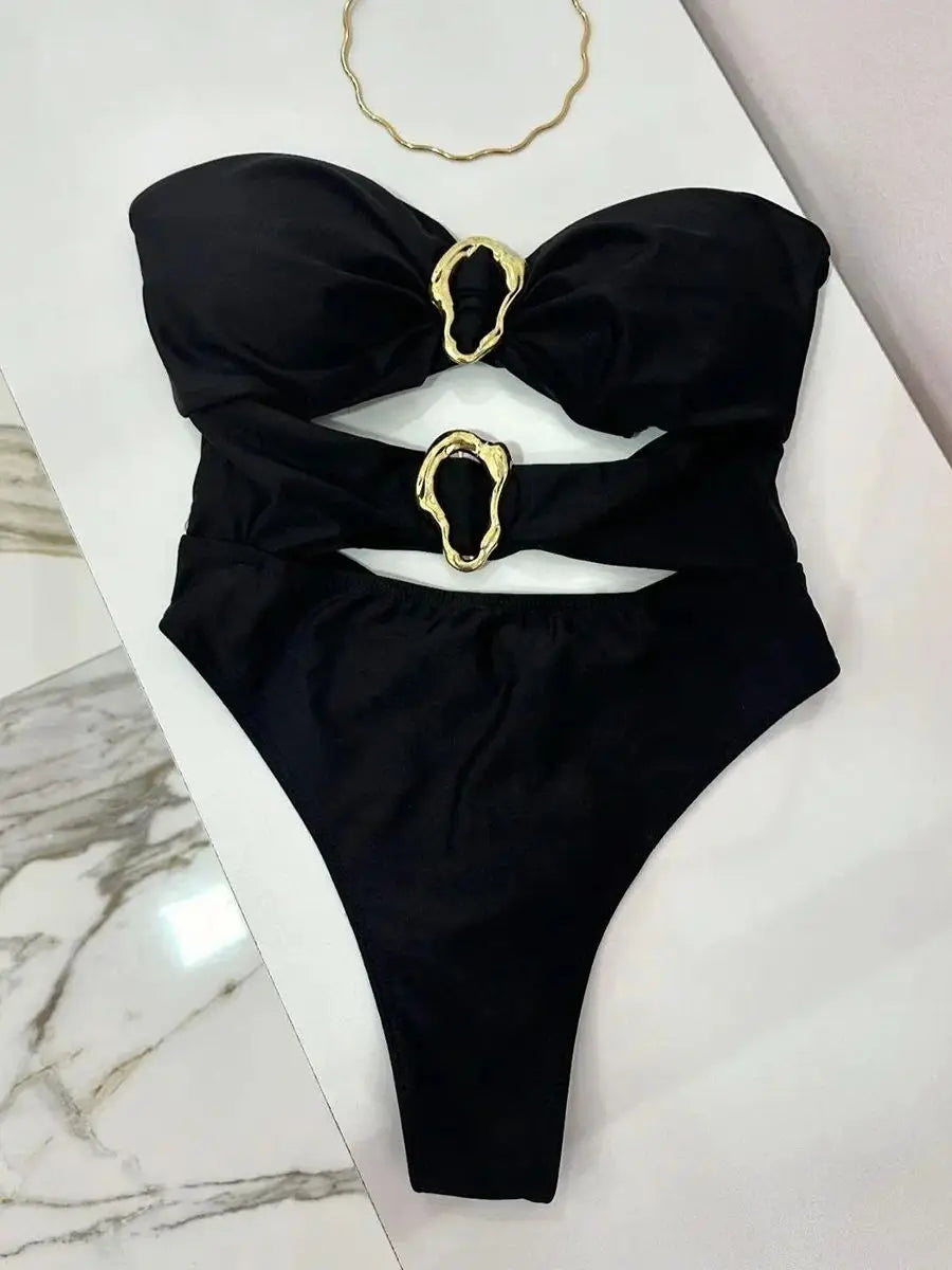 3 Colors Metal Rings Cut Out Women Swimwear One Piece Swimsuit - Norellé
