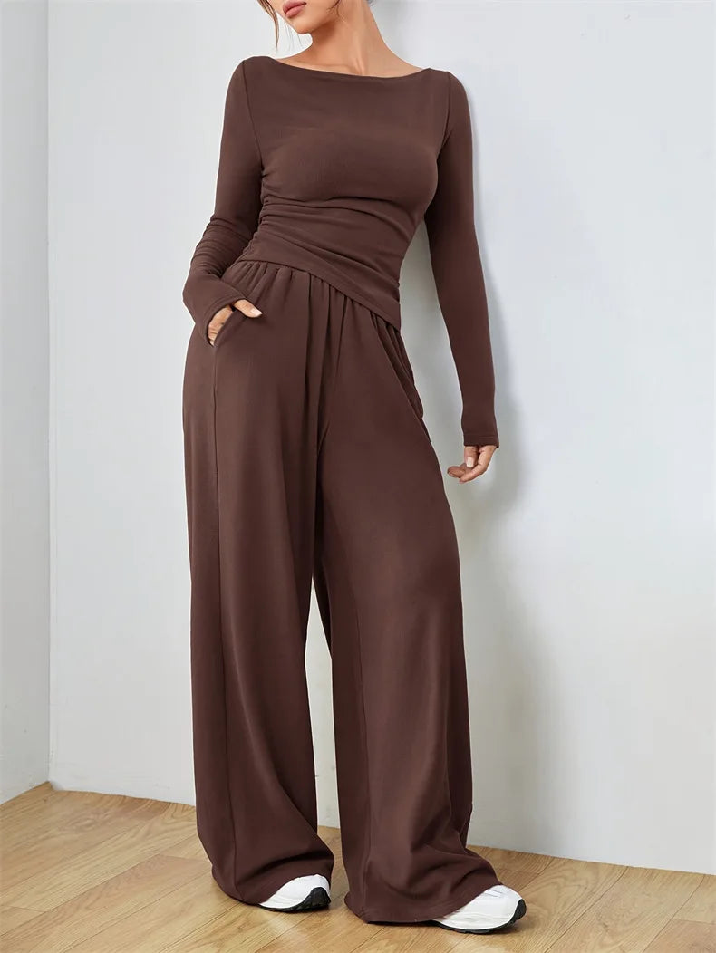 Women's Two-Piece Wide-Leg Pants Set Soft And Waxy Style Suit - Norellé
