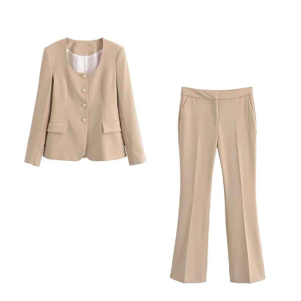Women's Fashion French Commuter Slim Fit Round Neck Suit Coat High Waist Flare Pants