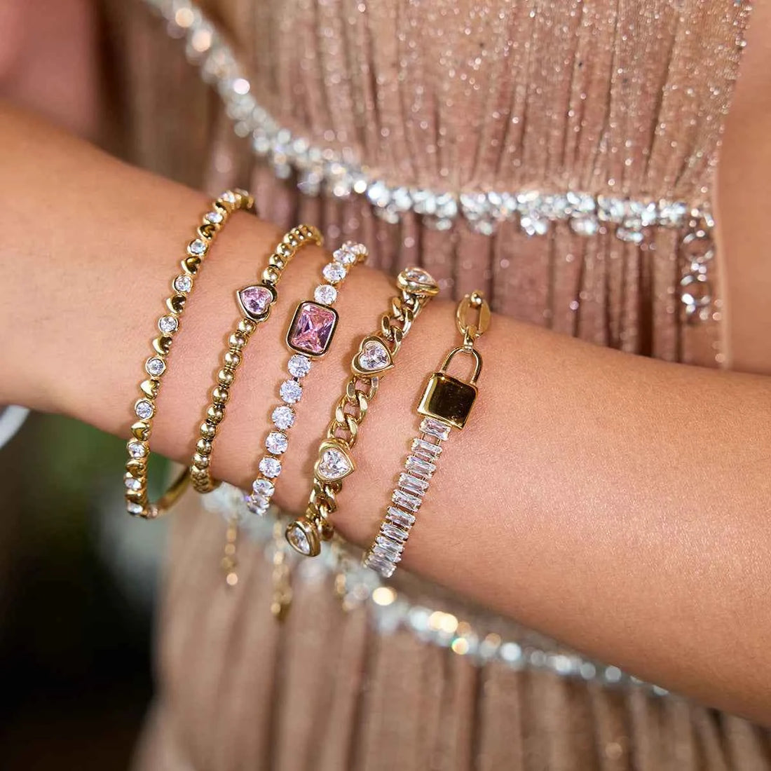 Pink Square Zircon Bracelet Stainless Steel Lock Chain Stackable Bracelet