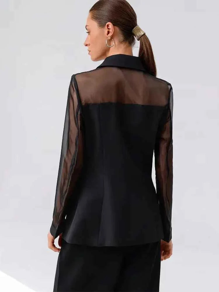 Women High Street Blazer Translucent Cuff Splicing Slim Blazer