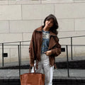 Brown Faux Suede Cropped Casual Coat Vintage Lapel Solid Zipper - Norellé