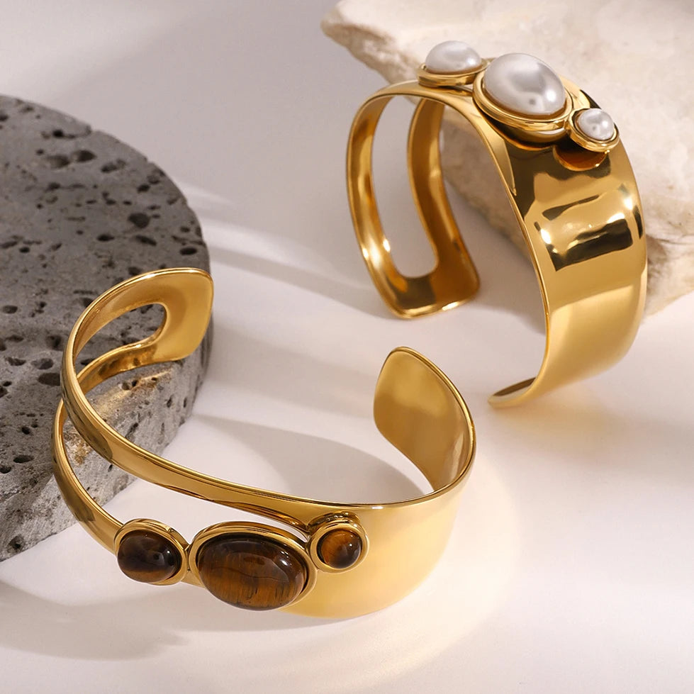 Thick Irregular Pearl Bracelet Tiger Eye Stone Stacked Bracelet