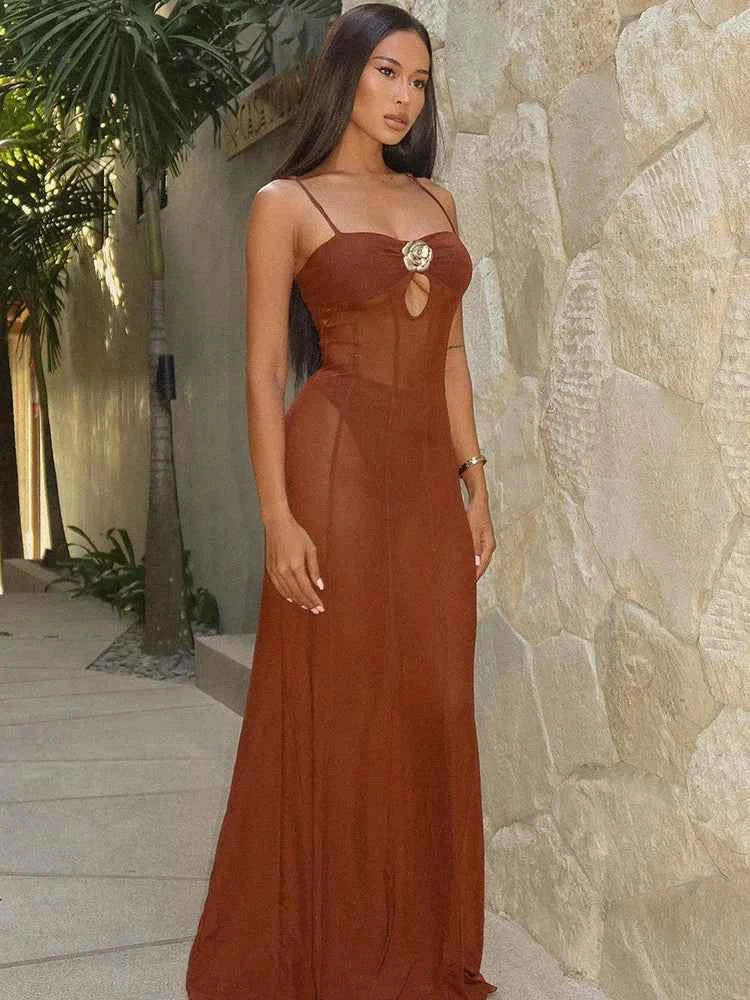 See Through Metal Flower Women Maxi Dress