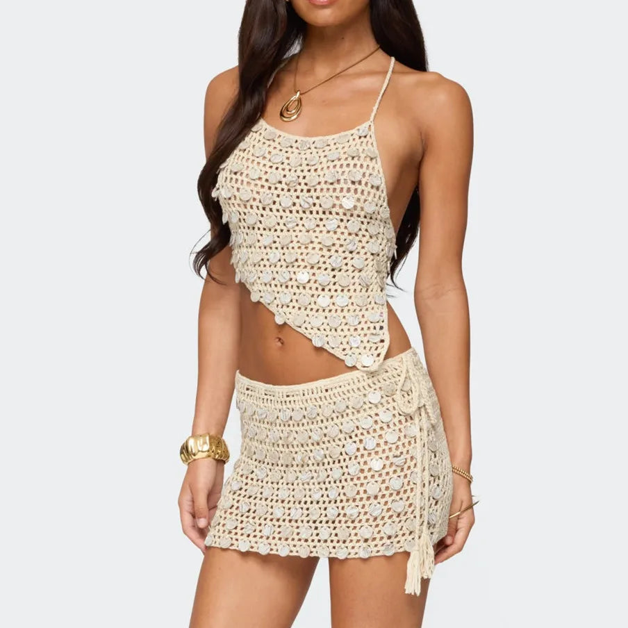 Women Crochet Mini Skirt Set